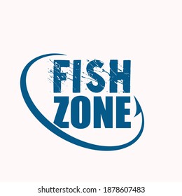 Fish zone word mark logo.Cusomized typography with hook shape.Blue color icon.Lettering sign isolated on light background.Type symbol for fishing business and water sports.