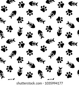 Fishbone and Animal Paw Seamless Pattern Background, Cat and Fish Vector Illustration