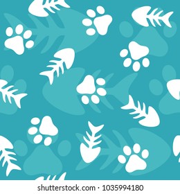 Fishbone and Animal Paw Seamless Pattern Background, Cat and Fish Vector Illustration