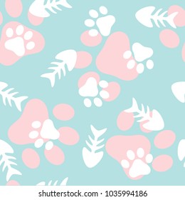 Fishbone and Animal Paw Seamless Pattern Background, Cat and Fish Vector Illustration