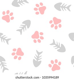 Fishbone and Animal Paw Seamless Pattern Background, Cat and Fish Vector Illustration