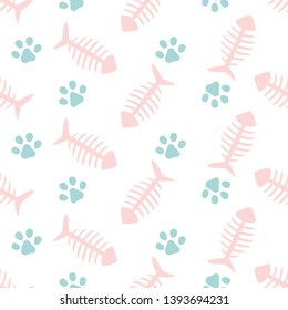 Fishbone and Animal Paw Seamless Pattern Background, Cat and Fish Vector Illustration