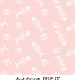 Fishbone and Animal Paw Seamless Pattern Background, Cat and Fish Vector Illustration