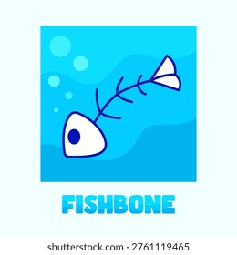 Fishbone Cartoon Illustration, Cute Fish Skeleton in Blue Underwater Scene. Fish Bone in Ocea