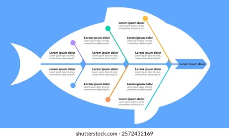 Fishbone Diagram Infographic with Colorful Nodes and Text Dividers on Blue Background Vector Illustration
