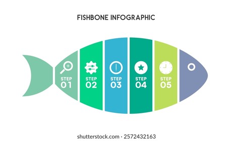 Fishbone Diagram Infographic with Five-Step Process in Colorful Sections Vector Illustration