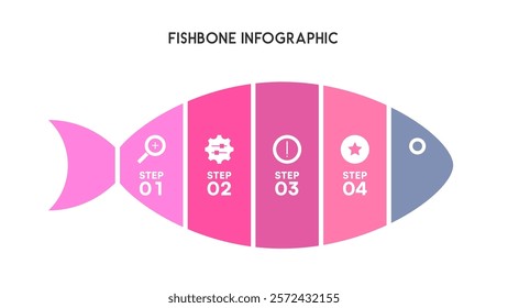 Fishbone Diagram Infographic with Four-Step Process in Colorful Sections Vector Illustration