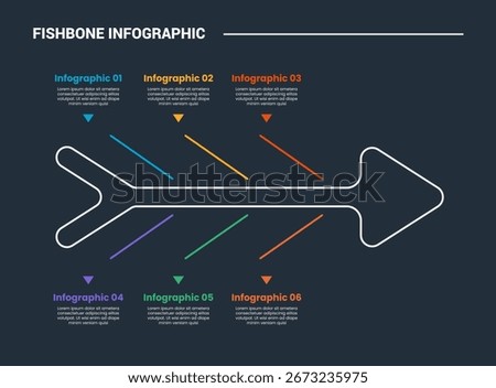 Fishbone diagram infographic process diagram with arrow fish shape with skew line pointer with dark background bright outline style 6 points vector