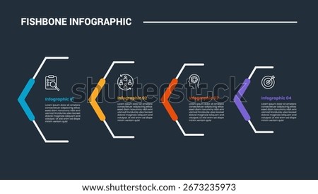 Fishbone diagram infographic process diagram with creative arrow box container left direction with dark background bright outline style 4 points vector