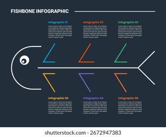 Diagrama de proceso de infografía de Fishbone con dirección izquierda y hueso de borde afilado con fondo oscuro estilo de contorno brillante Vector de 6 puntos