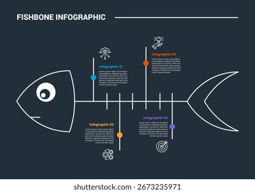 Fishbone diagram infographic process diagram with left direction with up and down point on horizontal line with dark background bright outline style 4 points vector
