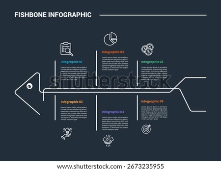 Fishbone diagram infographic process diagram with left direction with balance shape separator with dark background bright outline style 6 points vector