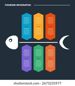 Diagrama de proceso de infografía de diagrama de espina de pescado con caja de contenedores de altura de Vertical en dirección opuesta con fondo oscuro estilo de contorno brillante Vector de 6 puntos