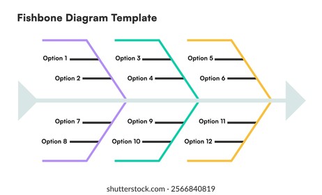 Fishbone Diagram Template with Twelve Options and Minimalist Design Vector Illustration