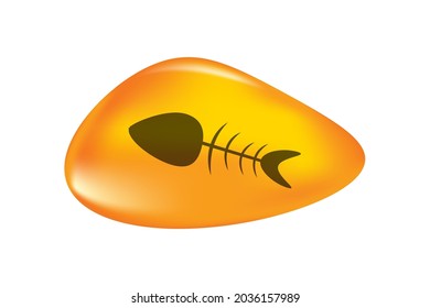 Fishbone in drop of amber isolated on white background. Fossilised tree resin. Ancient amber midge inclusion. Piece of amber with fish skeleton inside.Stone with prehistoric fossil.Vector illustration