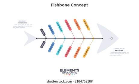 Fishbone flowchart with six colorful rounded elements. Concept of 6 steps of fish industry development process. Simple infographic design template. Modern flat vector illustration for business report.