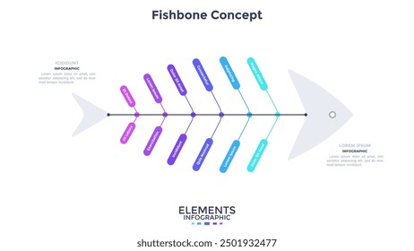 Diagrama de flujo de espina de pescado con seis Elementos redondeados de colores. Concepto de 6 pasos del proceso de desarrollo de la industria pesquera. Plantilla de diseño infográfico simple. Moderna Ilustración vectorial plana para informe de negocios.