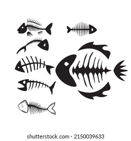 Fishbone Icon, Fishbone Isolated Skeleton Vector Silhouette. Cartoon Dead Fish Bone Of Caudal Vertebrae And Sea Herring Head Skull