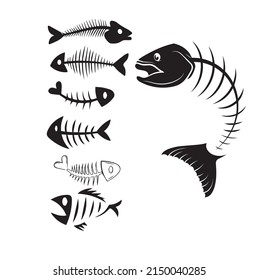 Fishbone Icon, Fishbone Isolated Skeleton Vector Silhouette. Cartoon Dead Fish Bone Of Caudal Vertebrae And Sea Herring Head Skull