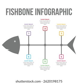 Fishbone infographic and diagram design with text space. Official or academic directional infographic design in a fishbone shape. Modern business strategy infographic flowchart with text space.