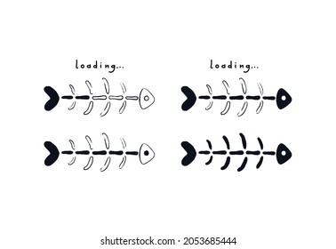 Fishbone loading bar. Doodle fish skeleton with the loading indicator. Vector stock illustration sketch of bare ridge isolated on white background.