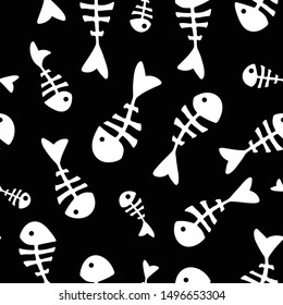 Fish-bone, monochrome, white, random, on black background. Vector seamless pattern.