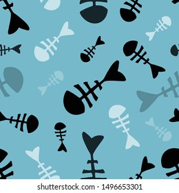 Fish-bone, random, black, white, gray on light blue background. Vector seamless pattern.
