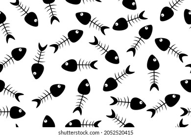 Patrón ininterrumpido de los huesos de pescado aislado en el fondo blanco. Repetir la impresión del doodle del esqueleto del pescado. Silueta negra de hueso de pescado diseño simple. Comida para gatos. Nadar bajo el agua. Marca de desecho orgánico. Ilustración del vector