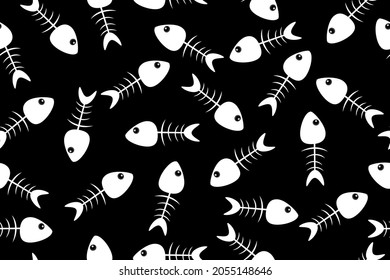 Fishbone seamless pattern isolated on black background. Repeat fish skeleton doodle print. Fish bone white silhouette simple design. Cat food. Swims underwater. Organic waste mark. Vector illustration