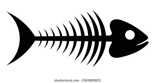 Fishbone vector icon. Skeleton of fish. Black silhouette isolated on white background.