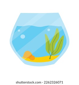 Fishbowl. Aquarium with algae in flat style. Vector illustration. Empty isolated aquarium in cartoon style.