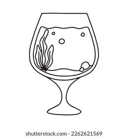 Fishbowl. Aquarium with algae in a linear style. vector illustration. Empty isolated aquarium in Doodle style.