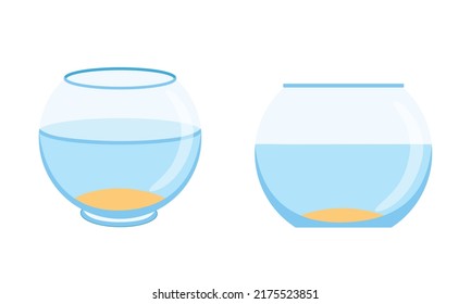 Fishbowl aquarium on white background. Empty fishbowl with water. Vector illustration. Set of two aquarium