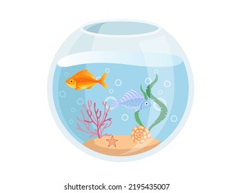 Fishbowl aquarium with water golden fish, sand, corals and shell vector illustration isolated on white background