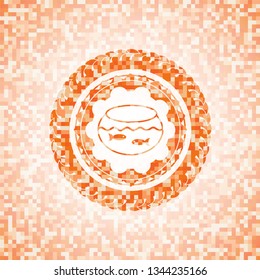 fishbowl with fish icon inside abstract orange mosaic emblem