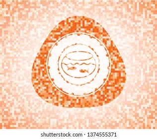 fishbowl with fish icon inside abstract emblem, orange mosaic background