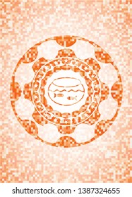 fishbowl with fish icon inside abstract orange mosaic emblem with background
