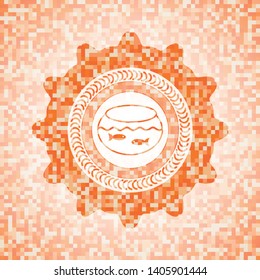 fishbowl with fish icon inside abstract orange mosaic emblem