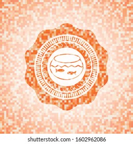 fishbowl with fish icon inside abstract emblem, orange mosaic background