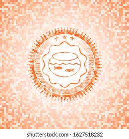 fishbowl with fish icon inside abstract orange mosaic emblem with background