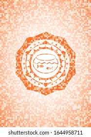 fishbowl with fish icon inside abstract orange mosaic emblem