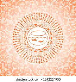 tazón de pescado con icono de pescado dentro del emblema abstracto de mosaico naranja con fondo