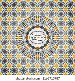 fishbowl with fish icon inside arabesque style badge. arabic decoration.