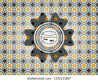 fishbowl with fish icon inside arabesque emblem. arabic decoration.