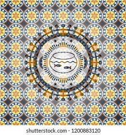 fishbowl with fish icon inside arabesque badge. arabic decoration.