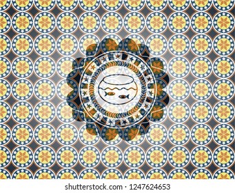 fishbowl with fish icon inside arabesque badge background. arabic decoration.