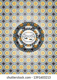 fishbowl with fish icon inside arabesque badge background. arabic decoration.