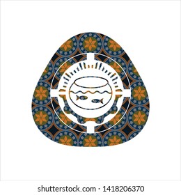 fishbowl with fish icon inside arabesque badge background. arabic decoration.