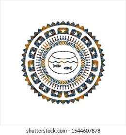 fishbowl with fish icon inside arabesque badge background. arabic decoration.