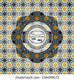 fishbowl with fish icon inside arabesque style badge. arabic decoration.
